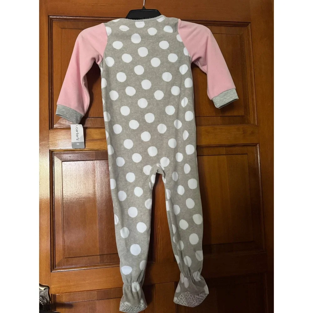 Carters Girls 4T‎ Fleece Footed Pajamas Gray Pink Polka Dot Heart Sleeper NWT